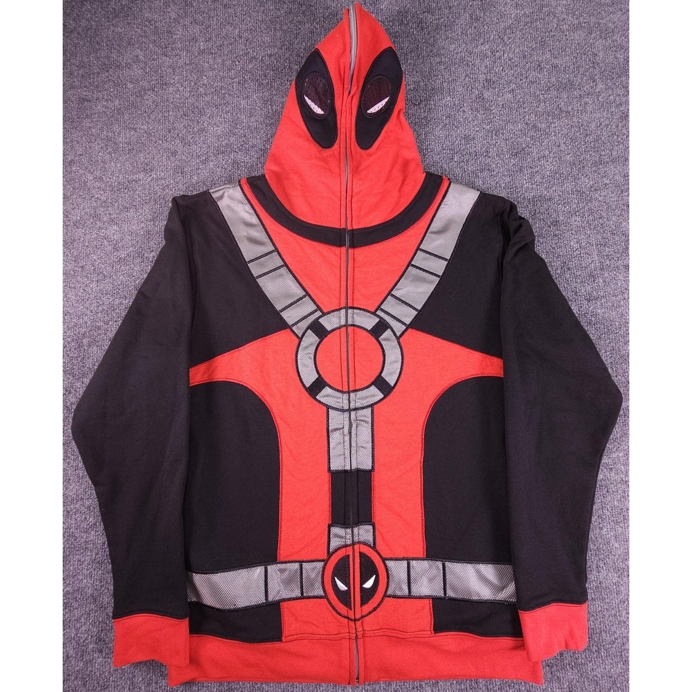 Marvel Deadpool Hoodie‎ Mens Medium Red Black Full Zip Costume Mask Hood Cosplay